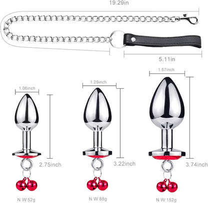 3-Piece Stainless Steel Anal Training Plug Set with Bell and Traction Chain