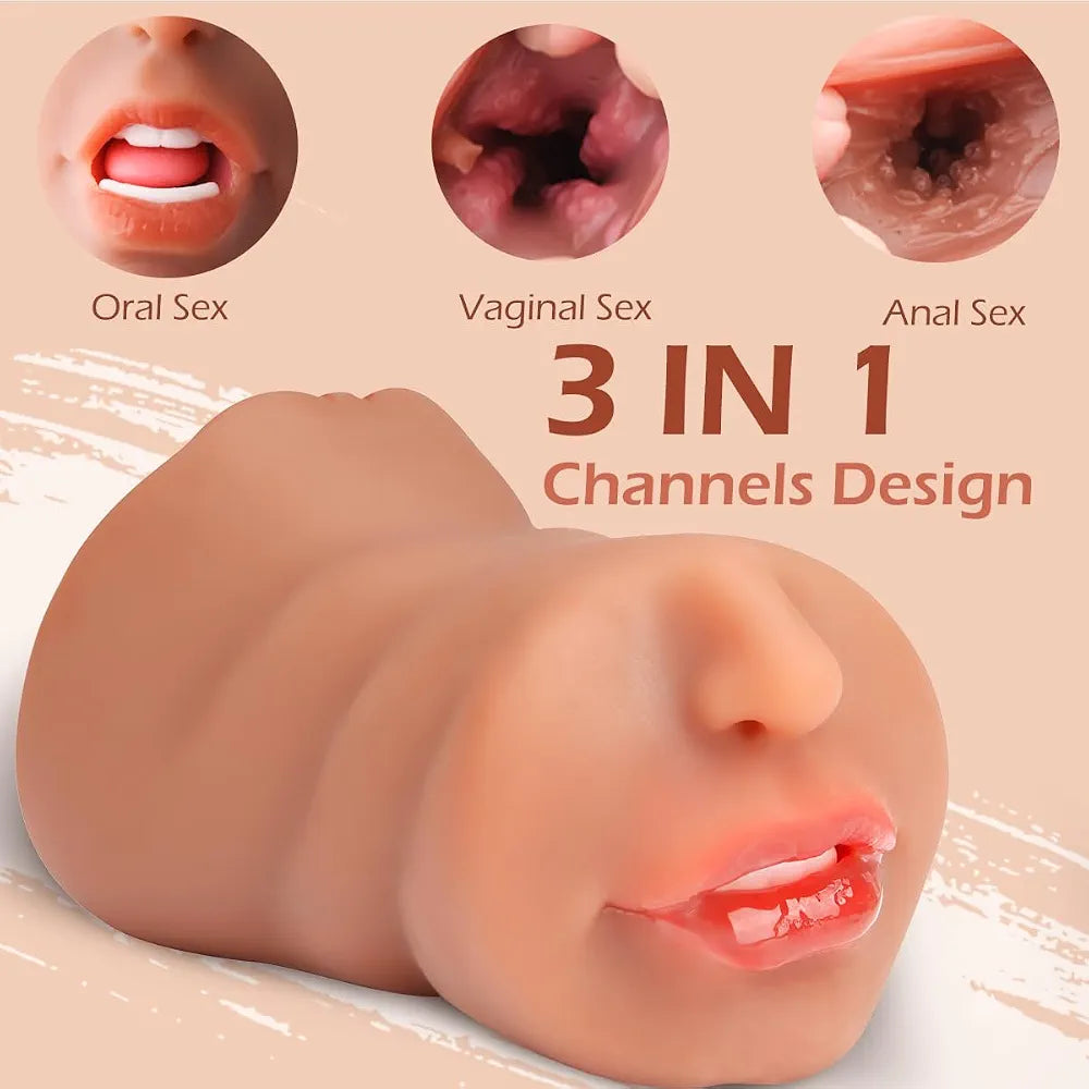 3-in-1 Realistic Male Masturbator with Textured Mouth, Vagina, and Anus