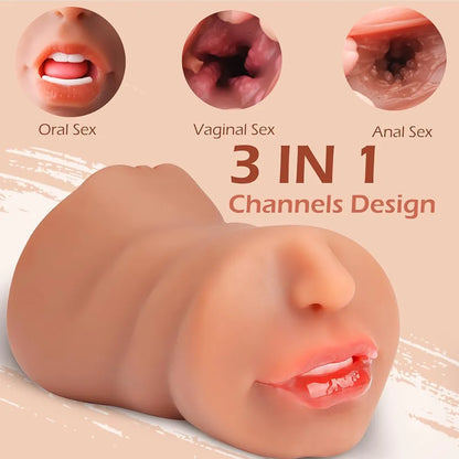 3-in-1 Realistic Male Masturbator with Textured Mouth, Vagina, and Anus