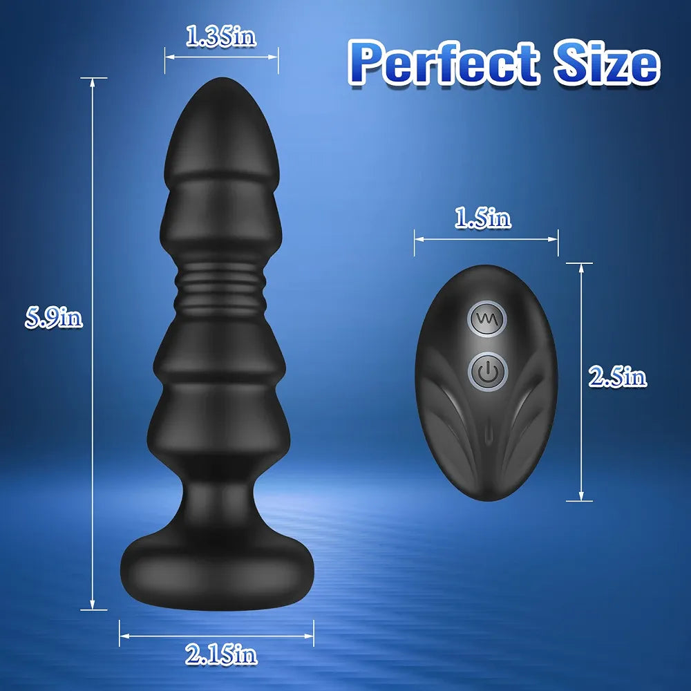 Remote-Controlled Vibrating and Thrusting Prostate Massager and Anal Butt Plug with Beads