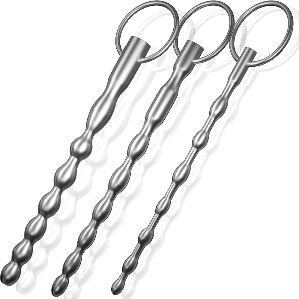 3-Piece Stainless Steel Bumpy Urethral Dilator Set with Safety Ring - Men's Masturbation Rod
