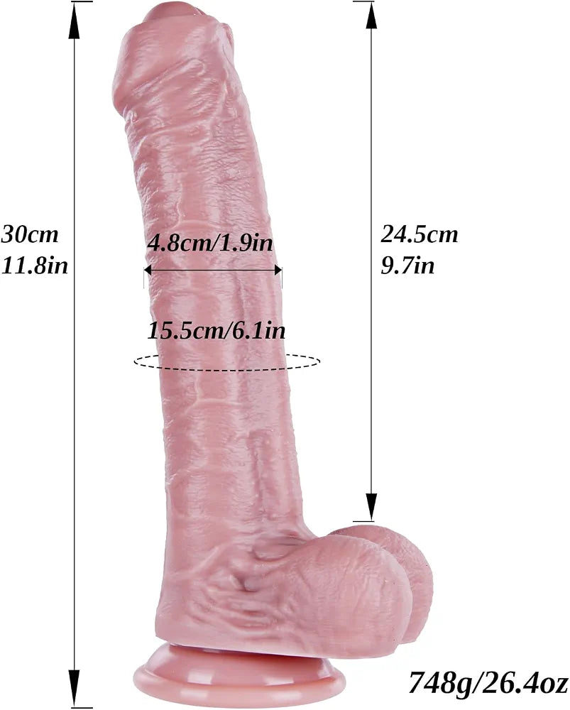 11.8-Inch Realistic XXL Uncut Silicone Dildo with Suction Cup - Extra Large 1.9-Inch Diameter