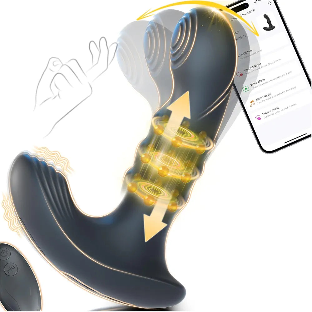 App-Controlled Beaded Prostate Massager and Vibrating Anal Plug with Thrusting Ring