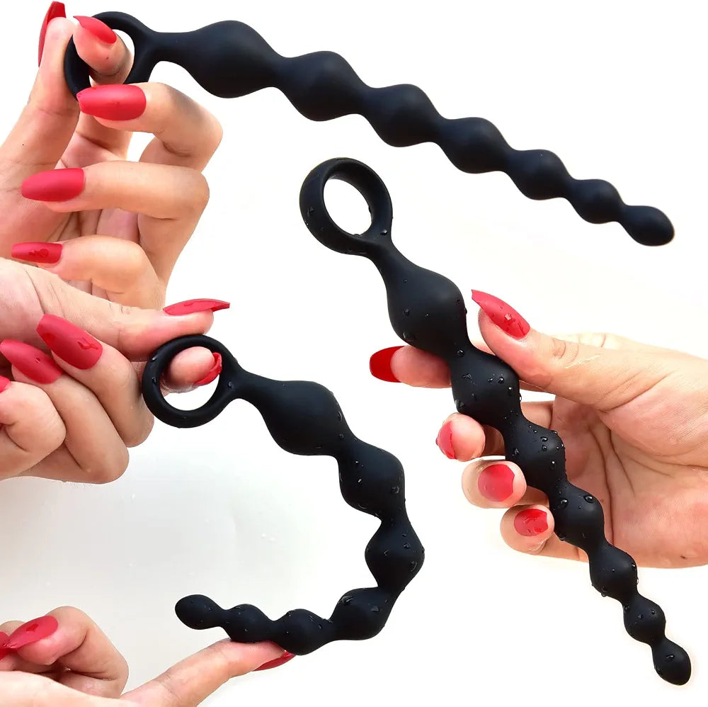 7-Ball Flexible Silicone Anal Training Chain with Pull Loop - 8.23 Inch Black