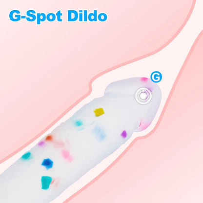 6.5 Inch Flexible Confetti Clear Silicone Dildo with Suction Cup Base for G-Spot and Prostate Stimulation