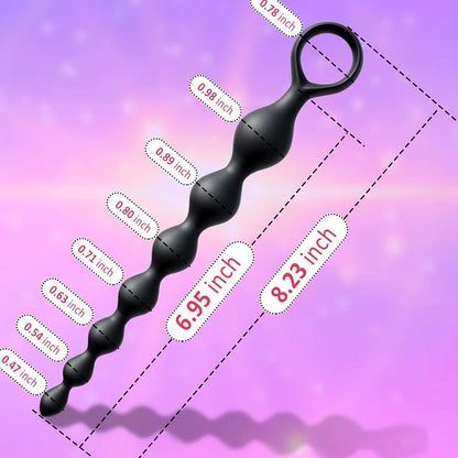 7-Ball Flexible Silicone Anal Training Chain with Pull Loop - 8.23 Inch Black