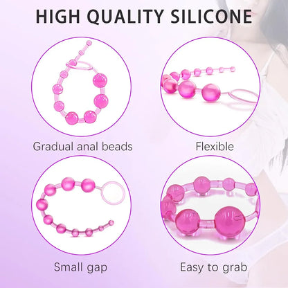 12-Inch Silicone 10-Bead Anal Chain with Pull Ring for Prostate Massage and Couples Play