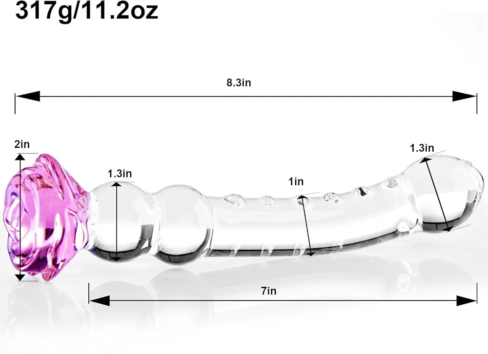 8.3 Inch Rose Crystal Glass Butt Plug with Progressive Anal Beads - G-Spot & Prostate Massager for Couples