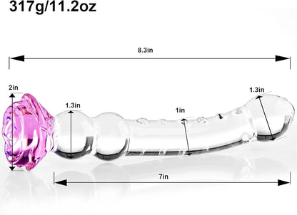 8.3 Inch Rose Crystal Glass Butt Plug with Progressive Anal Beads - G-Spot & Prostate Massager for Couples