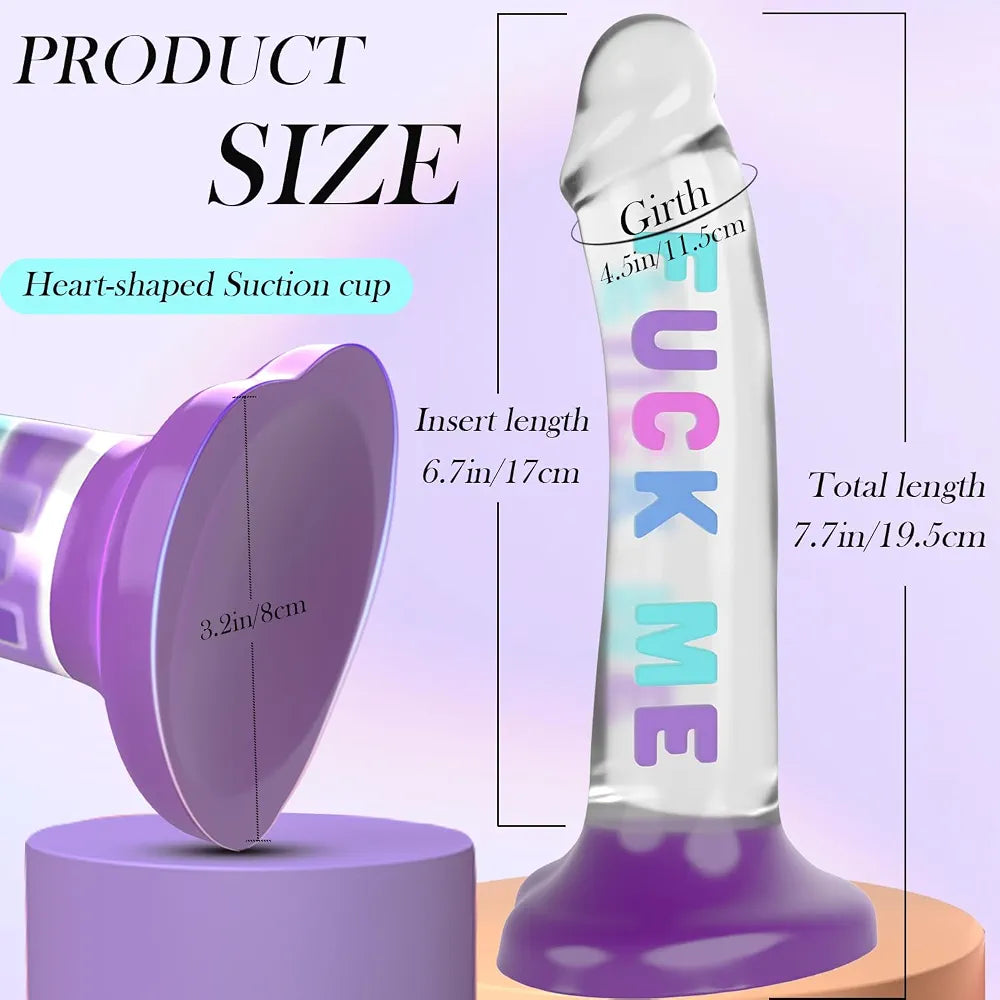 7.7-Inch Realistic Clear Silicone G-Spot Dildo with 3D Colorful Letters and Heart-Shaped Suction Cup