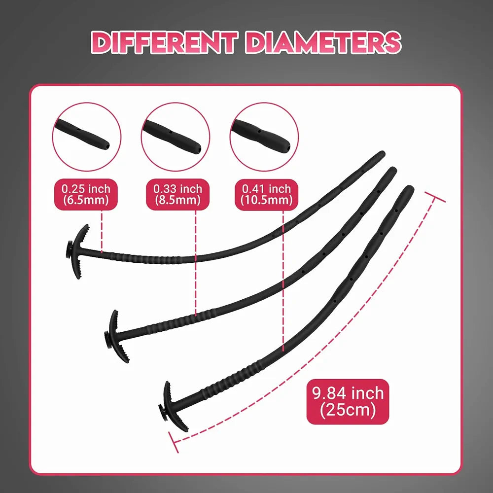 3-Piece Silicone Urethral Sounding Set with Hollow Side-Hole Design for Men