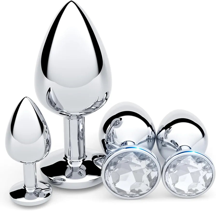 4-Piece Stainless Steel Graduated Anal Training Plug Set with Crystal Base