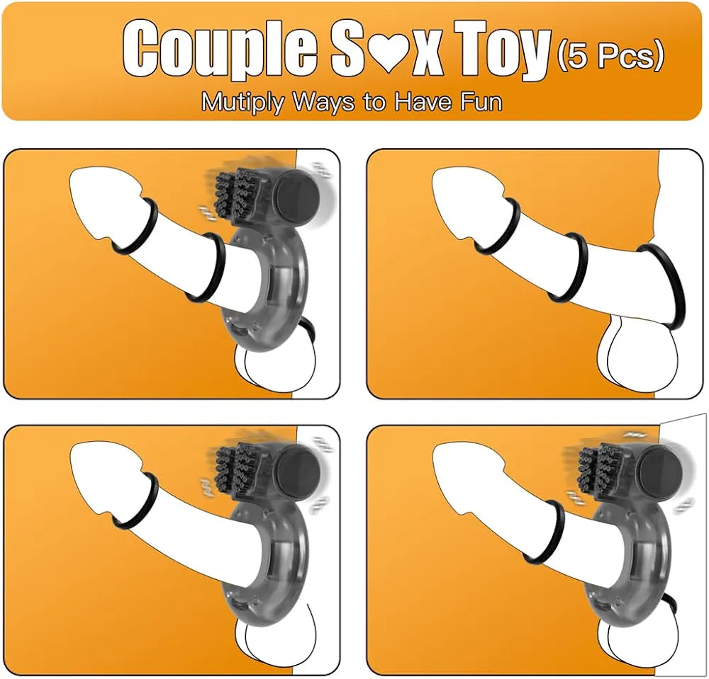 5-Piece Silicone Vibrating Penis Ring Set for Enhanced Performance and Couples Stimulation