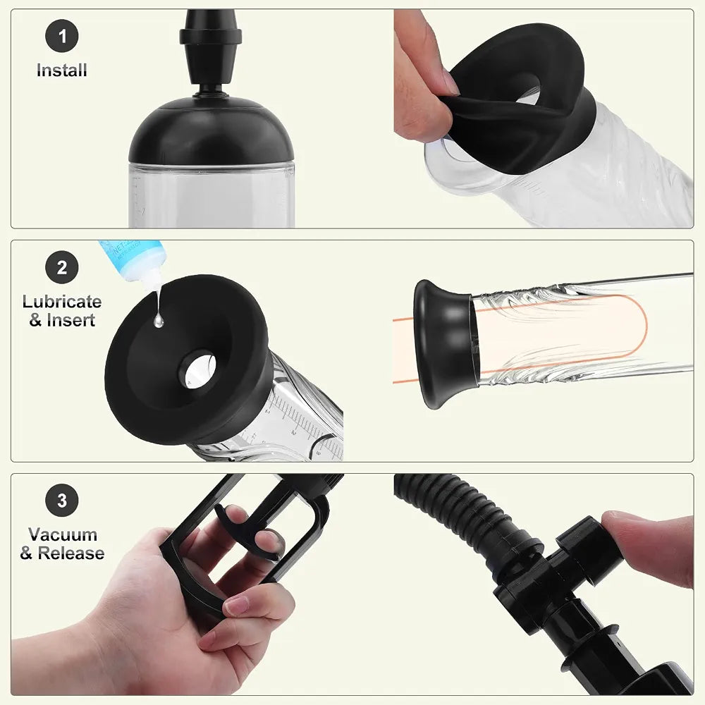 Manual Penis Vacuum Pump and Enlarger Device with 3 Suction Sleeves for Enhanced Erections