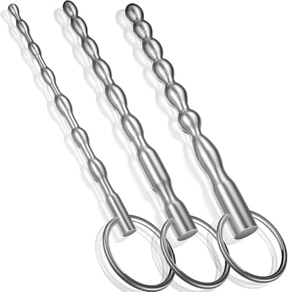 3-Piece Stainless Steel Bumpy Urethral Dilator Set with Safety Ring - Men's Masturbation Rod
