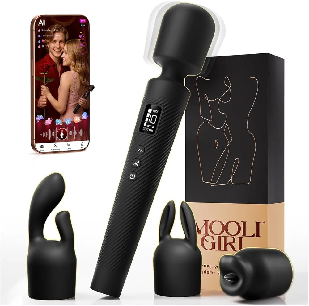 MOOLIGIRL Rechargeable App-Controlled Wand Massager with 3 Silicone Attachments
