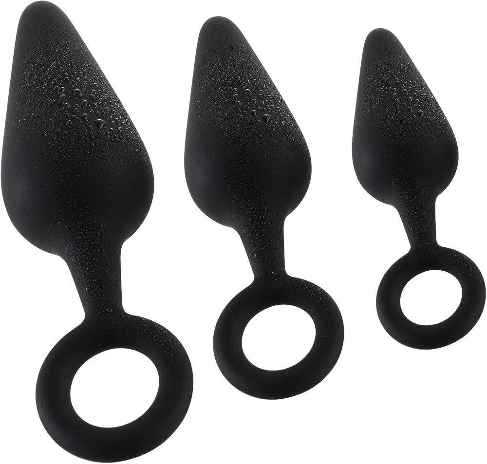 3-Piece Silicone Anal Training Plug Set with Pull Ring for Beginners