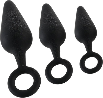 3-Piece Silicone Anal Training Plug Set with Pull Ring for Beginners