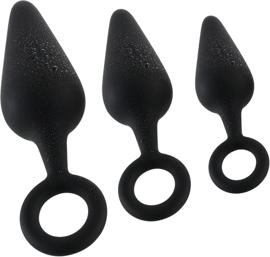 3-Piece Silicone Anal Training Plug Set with Pull Ring for Beginners