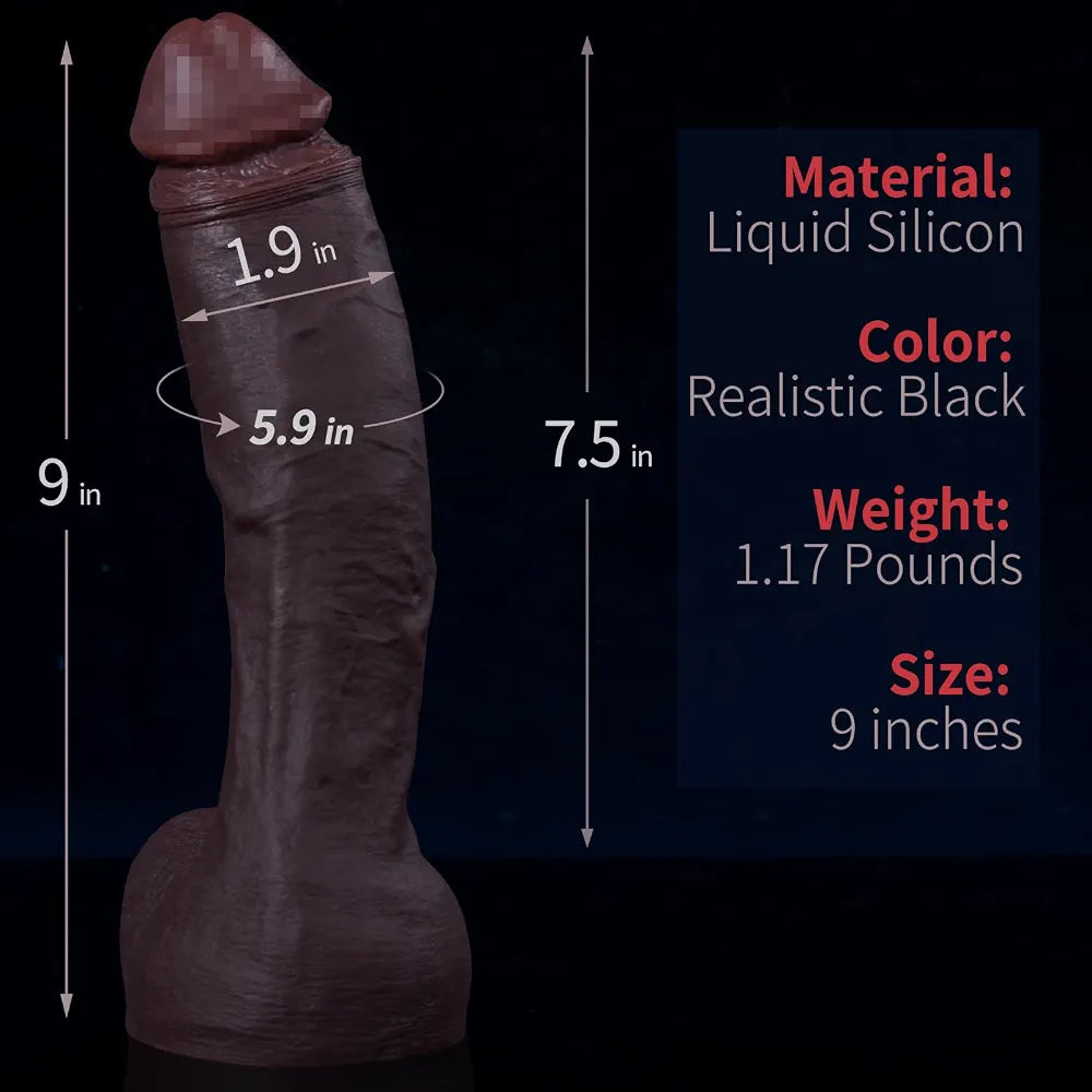 9-Inch Realistic Black Liquid Silicone Dildo with Strong Suction Cup for Hands-Free Pleasure