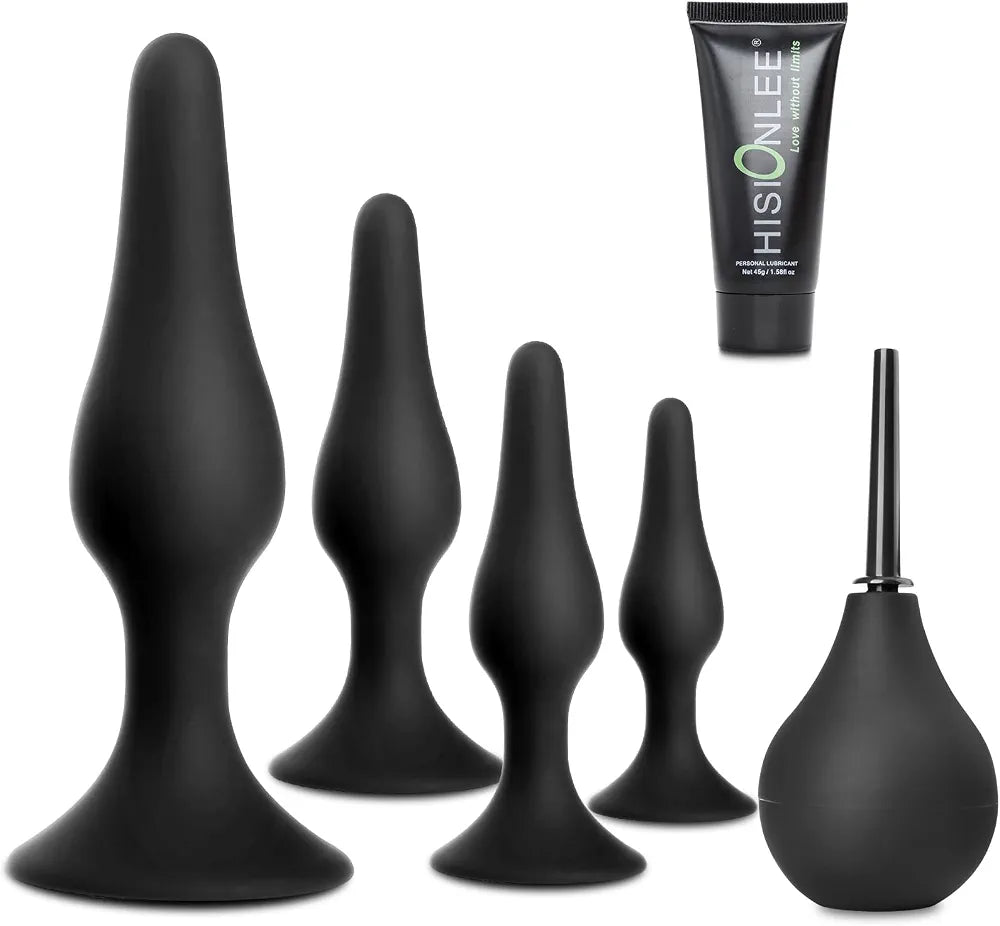 HISIONLEE 5-Piece Silicone Anal Training Kit: Beginner-Friendly Butt Plugs with Enema Set