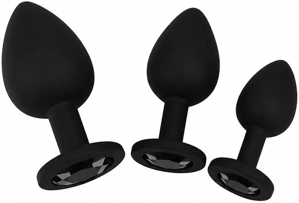 Premium 3-Piece Black Silicone Anal Training Plug Set with Decorative Gemstones