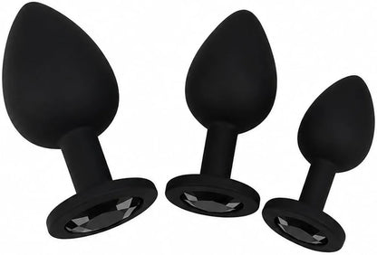 Premium 3-Piece Black Silicone Anal Training Plug Set with Decorative Gemstones