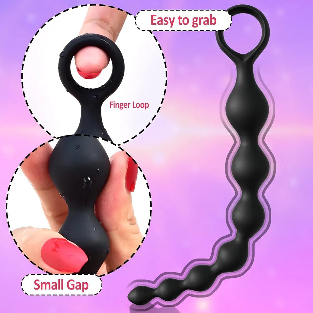 7-Ball Flexible Silicone Anal Training Chain with Pull Loop - 8.23 Inch Black