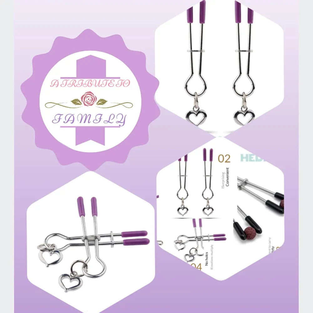 Adjustable Silicone-Tipped Nipple Clamps for Couples - Non-Piercing Nickel-Free Foreplay Jewelry