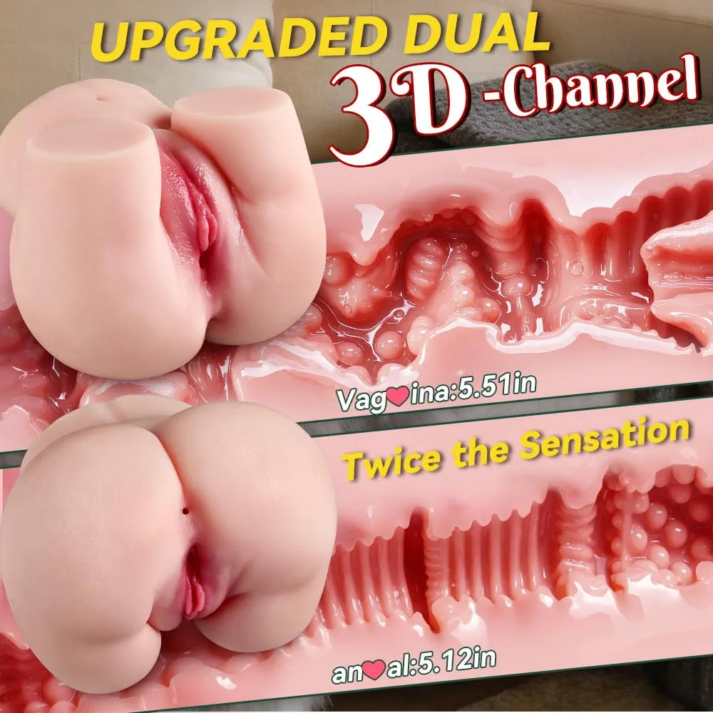 Dual-Channel Realistic Male Masturbator with Plump Buttocks - 4.9lb Portable Adult Sex Toy