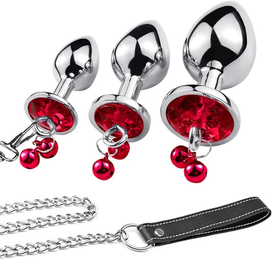 3-Piece Stainless Steel Anal Training Plug Set with Bell and Traction Chain