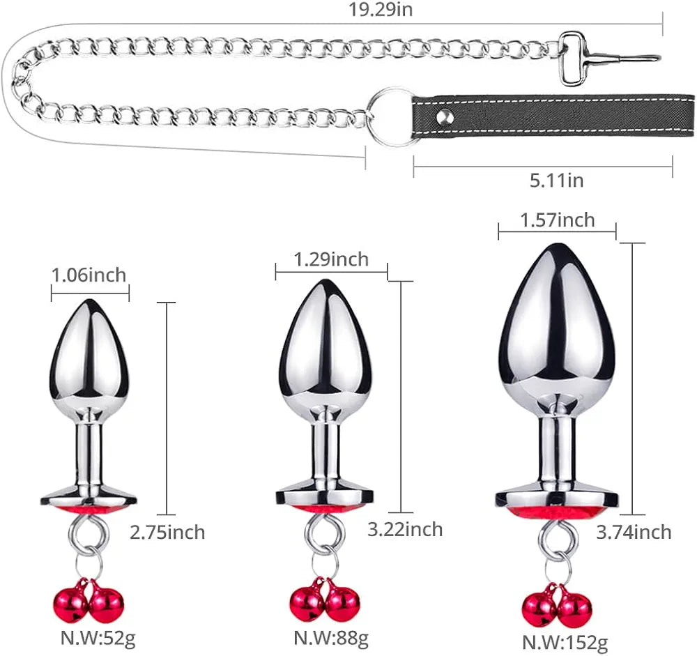 3-Piece Stainless Steel Anal Training Plug Set with Bell and Traction Chain