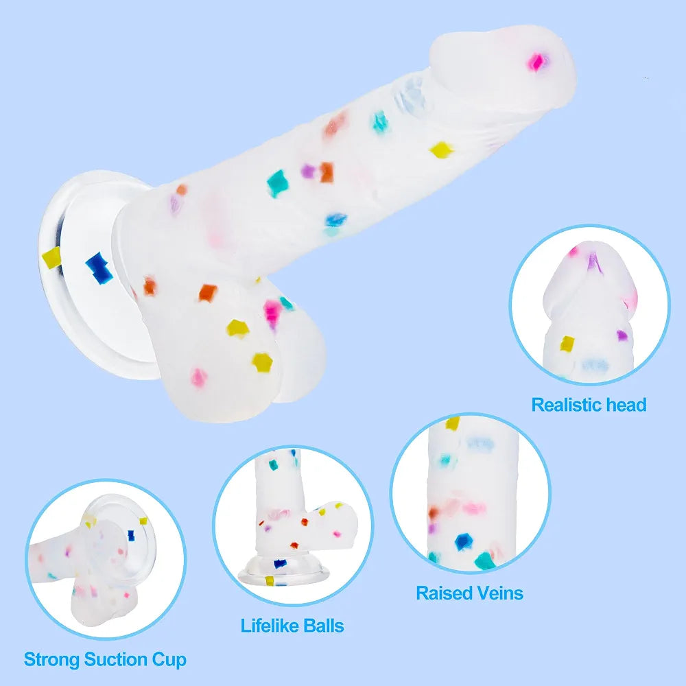 6.5 Inch Flexible Confetti Clear Silicone Dildo with Suction Cup Base for G-Spot and Prostate Stimulation