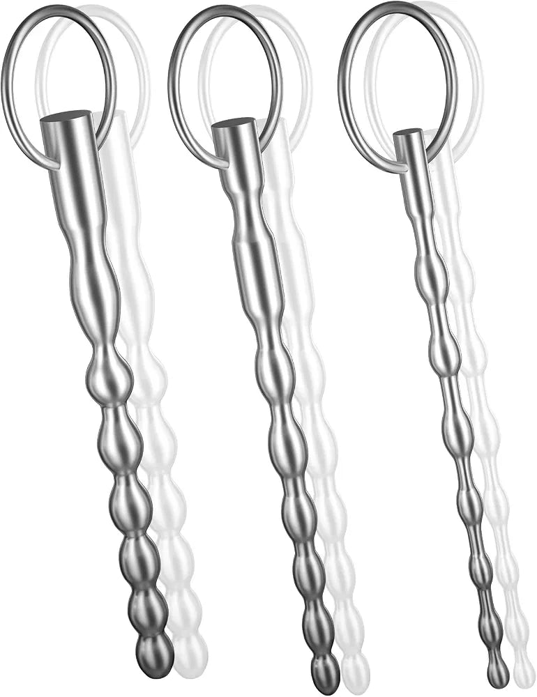 3-Piece Stainless Steel Bumpy Urethral Dilator Set with Safety Ring - Men's Masturbation Rod