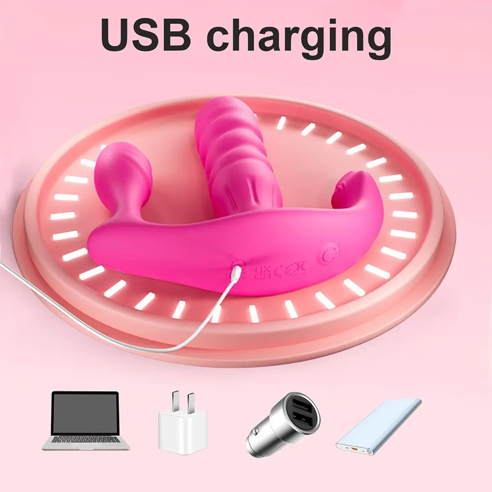3-in-1 Remote Controlled Wearable Vibrating Panty, Thrusting Dildo, and Anal Vibrator with 10 Vibration and 3 Thrust Modes for Couples