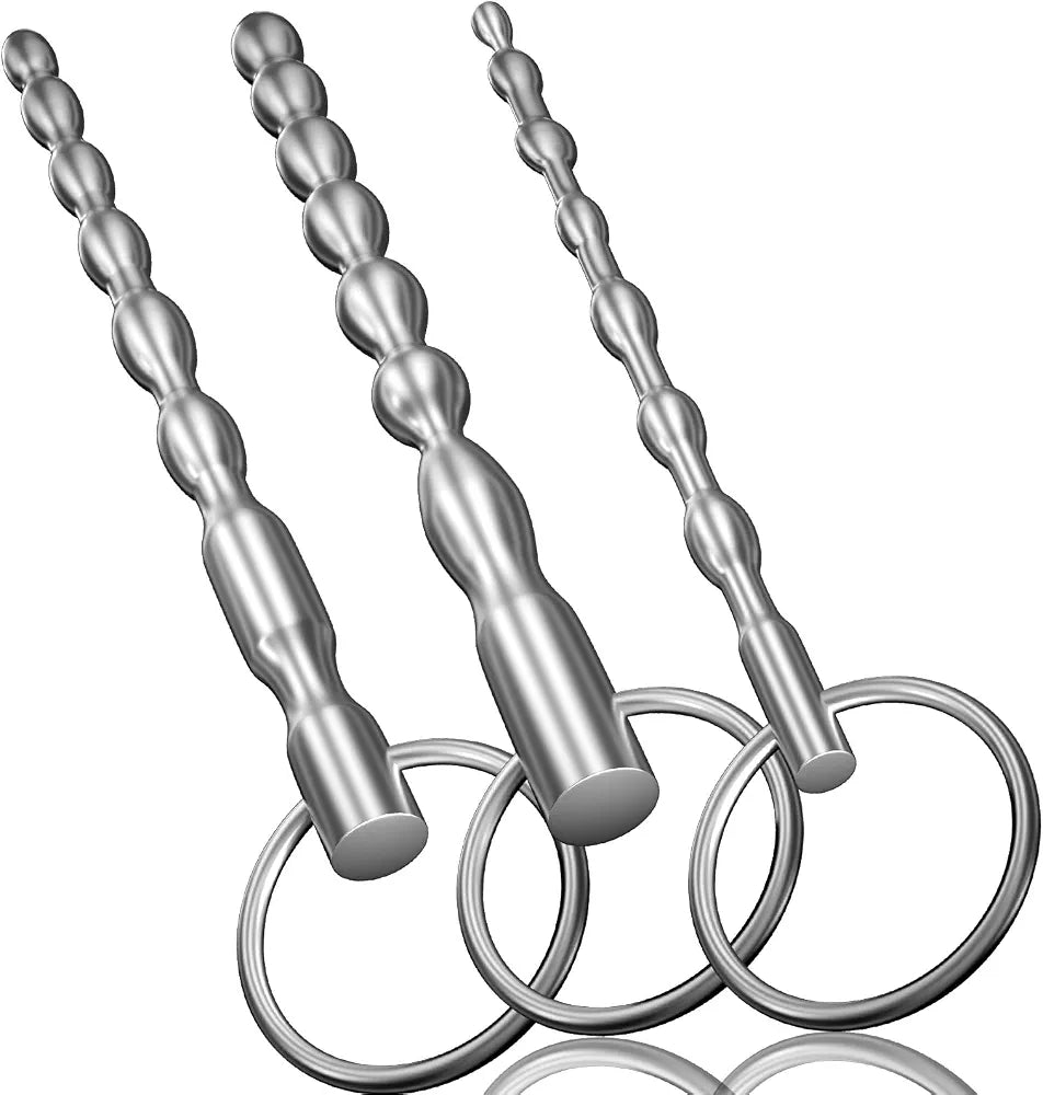 3-Piece Stainless Steel Bumpy Urethral Dilator Set with Safety Ring - Men's Masturbation Rod