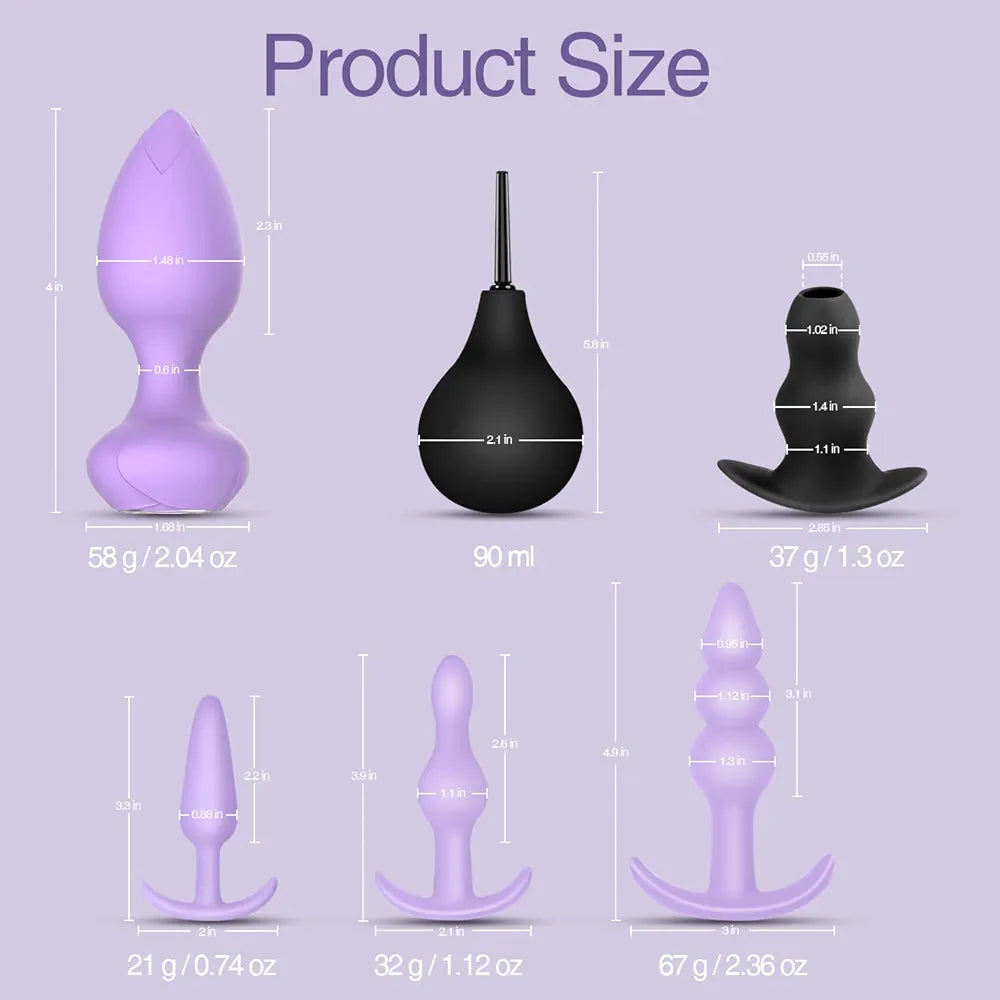 6-Piece Silicone Anal Training Plug Kit with Remote Control Vibration - Beginner-Friendly Adult Toy Set