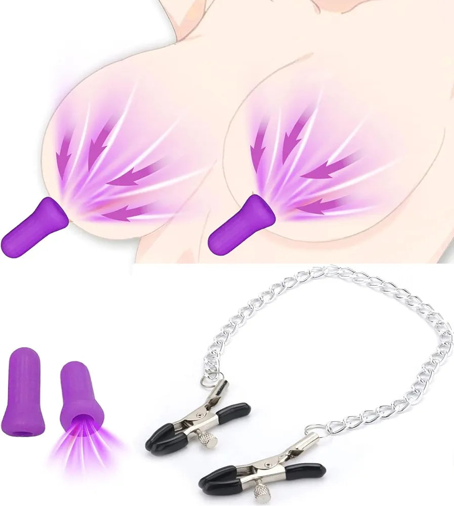 Adjustable Metal Nipple Clamps with Decorative Chain - Non-Piercing Body Jewelry