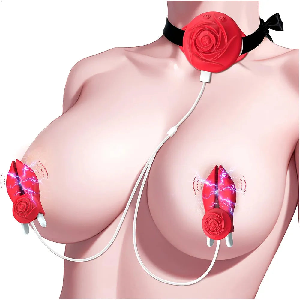 Rose Vibrating Nipple Clamps - 10-Mode Electric Silicone BDSM Nipple Stimulator for Women