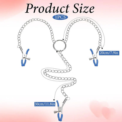 Blue Silicone-Padded Non-Piercing Nipple Clamp Y-Chain Body Jewelry