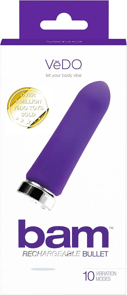 VeDO BAM Rechargeable Bullet Vibrator - Waterproof 10-Mode Personal Massager, Purple
