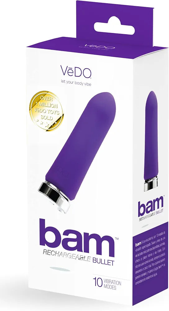 VeDO BAM Rechargeable Bullet Vibrator - Waterproof 10-Mode Personal Massager, Purple