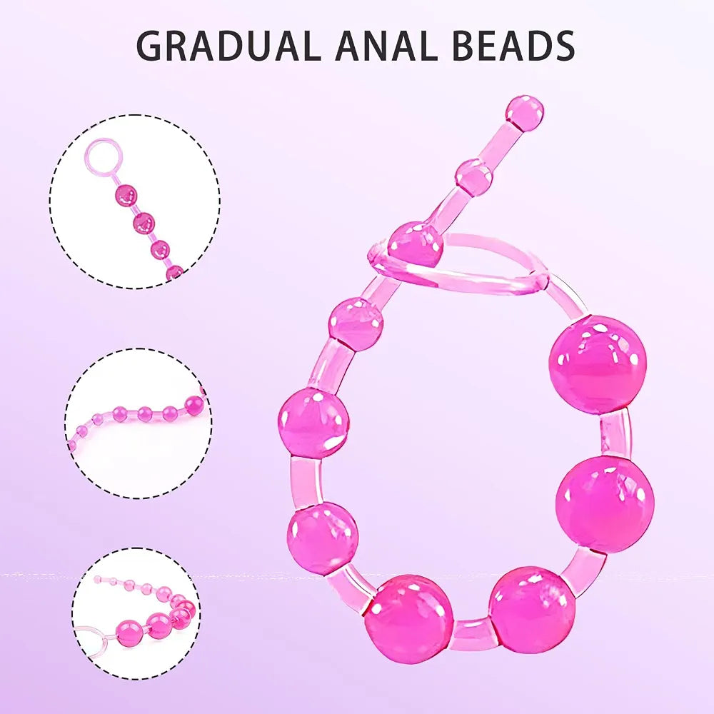 12-Inch Silicone 10-Bead Anal Chain with Pull Ring for Prostate Massage and Couples Play