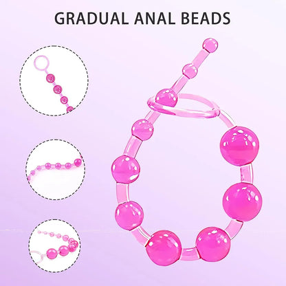12-Inch Silicone 10-Bead Anal Chain with Pull Ring for Prostate Massage and Couples Play