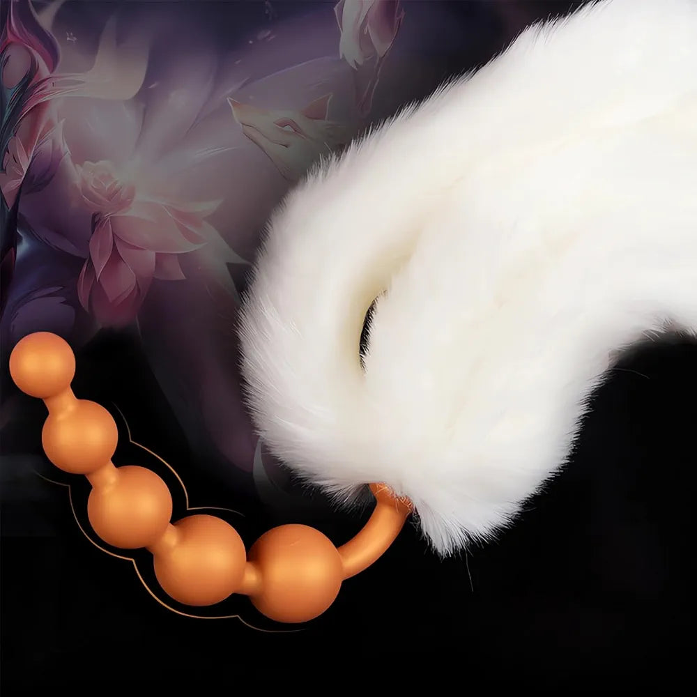 Premium Silicone Anal Bead Plug with 5 Detachable Faux Fur Tails for Couples Play
