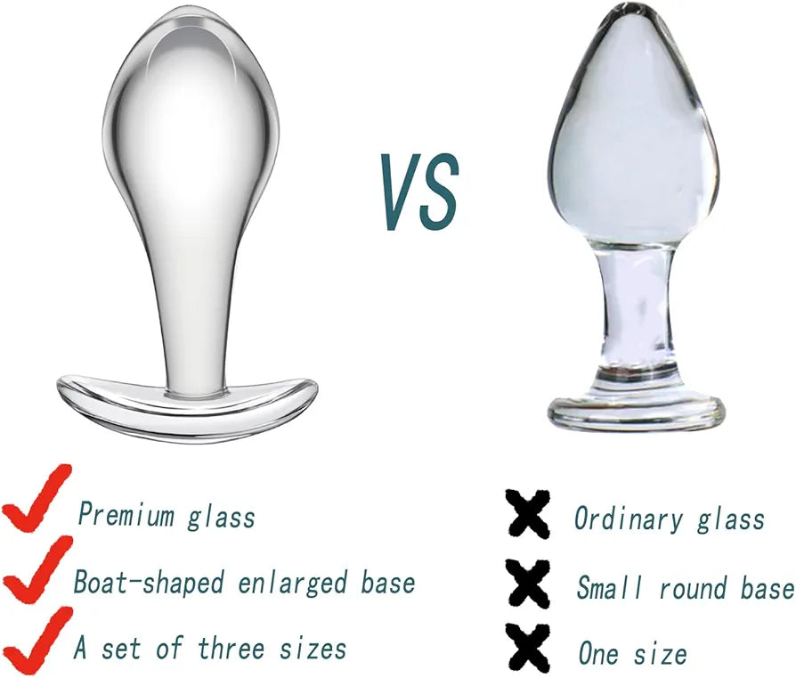 3-Piece Crystal Glass Anal Plug Set with Safety Base for Beginners