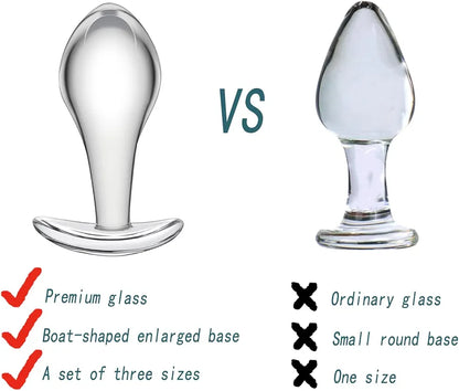 3-Piece Crystal Glass Anal Plug Set with Safety Base for Beginners