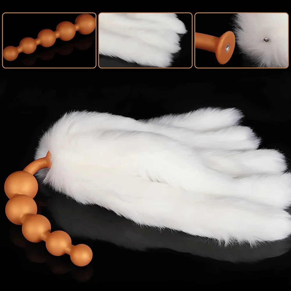 Premium Silicone Anal Bead Plug with 5 Detachable Faux Fur Tails for Couples Play