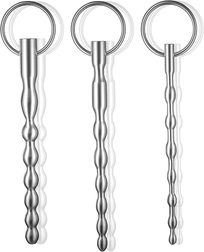 3-Piece Stainless Steel Bumpy Urethral Dilator Set with Safety Ring - Men's Masturbation Rod