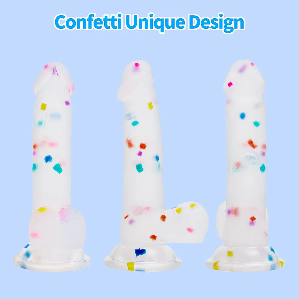 6.5 Inch Flexible Confetti Clear Silicone Dildo with Suction Cup Base for G-Spot and Prostate Stimulation